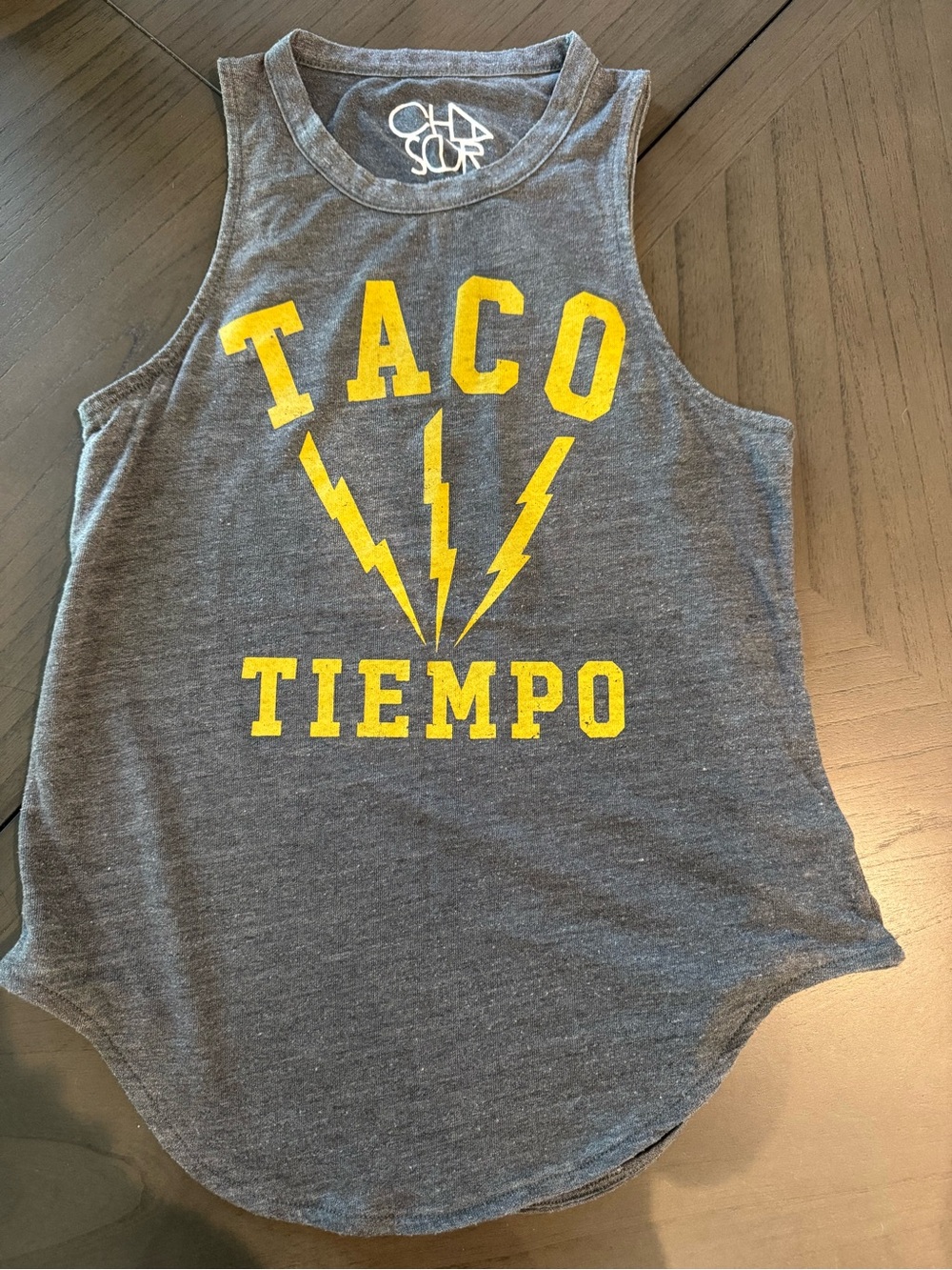 Chaser Gray Tank Top with Yellow 'TACO TIEMPO' Graphic